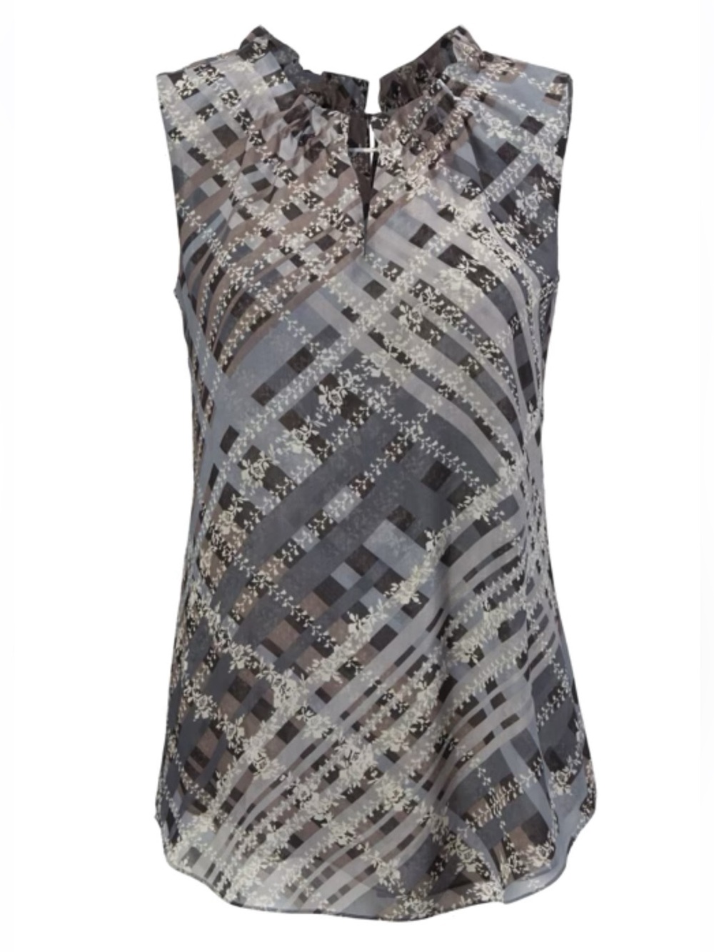 CAbi Graph Blouse - Gray and Charcoal Sleeveless Ruffle Neck